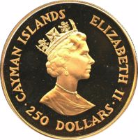 obverse of 250 Dollars - Elizabeth II - Visit of Princess Alexandra to the Cayman Islands (1988) coin with KM# 99 from Cayman Islands. Inscription: CAYMAN ISLANDS ELIZABETH II ·250 DOLLARS·