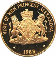 reverse of 250 Dollars - Elizabeth II - Visit of Princess Alexandra to the Cayman Islands (1988) coin with KM# 99 from Cayman Islands. Inscription: VISIT OF H·R·H PRINCESS ALEXANDRA 1988