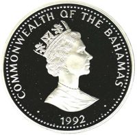 obverse of 25 Dollars - Discovery of the New World (1992) coin with KM# 191 from Bahamas. Inscription: · COMMONWEALTH OF THE BAHAMAS · RDM 1992