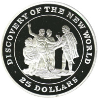 reverse of 25 Dollars - Discovery of the New World (1992) coin with KM# 191 from Bahamas. Inscription: DISCOVERY OF THE NEW WORLD ASH · 25 DOLLARS ·