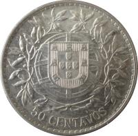 reverse of 50 Centavos (1912 - 1916) coin with KM# 561 from Portugal. Inscription: 50 CENTAVOS