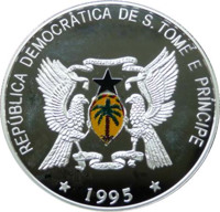 obverse of 1000 Dobras - Flora and Fauna - Seahorse and crab (1995) coin with KM# 78 from São Tomé and Príncipe. Inscription: REPÚBLICA DEMOCRÁTICA DE S. TOMÉ E PRÍNCIPE * 1995 *