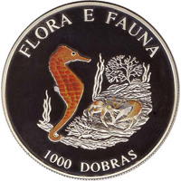 reverse of 1000 Dobras - Flora and Fauna - Seahorse and crab (1995) coin with KM# 78 from São Tomé and Príncipe. Inscription: FLORA E FAUNA 1000 DOBRAS