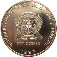 obverse of 1000 Dobras - Diana - Queen of the Hearts (1997) coin with KM# 85a from São Tomé and Príncipe. Inscription: REPÚBLICA DEMOCRÁTICA DE S. TOMÉ E PRÍNCIPE 1000 DOBRAS 1997