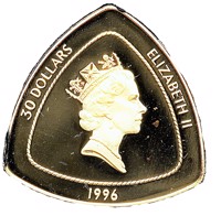 obverse of 30 Dollars - Elizabeth II - Bermuda Triangle (1996) coin with KM# 97 from Bermuda. Inscription: 30 DOLLARS ELIZABETH II 1996