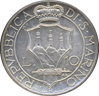 reverse of 10 Lire (1931) coin with KM# Pr3 from San Marino. Inscription: REPVBBLICA DI·S·MARINO L. 10