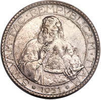 obverse of 20 Lire (1931) coin with KM# Pn4 from San Marino. Inscription: SALVAM · FAC · REMPVBLICAM · TVAM