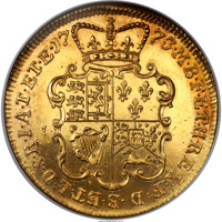 reverse of 2 Guineas - George III (1773) coin with KM# Pn51 from United Kingdom. Inscription: M·B·F·ET·H·REX·F·D·B·ET·L·D·S·R·I·A·T·ET·E·17 73·