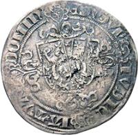 reverse of 1 Snaphaanschelling - Charles II (1492 - 1538) coin from Spanish Netherlands. Inscription: EQVITA - IVDIC - IA. TVA - DOMIN