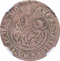 obverse of 1 Mariengroschen (1491) coin from German States. Inscription: AVЄ:RЄGnA:CЄLORV:MATЄR:RЄGIS:AGЄLO'