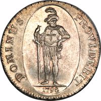 reverse of 1 Thaler (1798) coin with KM# 164 from Swiss cantons. Inscription: DOMINUS PROVEDEBIT 1798