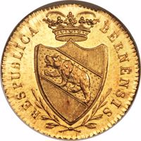 obverse of 1 Duplone (1819) coin with KM# 163 from Swiss cantons. Inscription: RESPUBLICA BERNENSIS