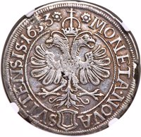 obverse of 1 Thaler (1653) coin with KM# 24 from Swiss cantons. Inscription: MONETA•NOVA SVITENSIS•1653