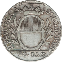 obverse of 20 Batzen (1795 - 1798) coin with KM# 57 from Swiss cantons. Inscription: RESPUBLICA SOLODOREN 20•BAZ•