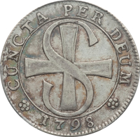 reverse of 20 Batzen (1795 - 1798) coin with KM# 57 from Swiss cantons. Inscription: CUNCTA PER DEUM 1798