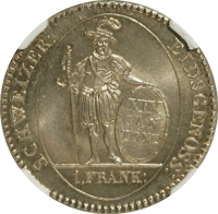 reverse of 1 Frank (1812) coin with KM# 70 from Swiss cantons. Inscription: SCHWEIZER: EIDSGENOSS: XIX CAN: TONE 1.FRANK: