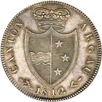 obverse of 4 Franken (1812) coin with KM# 20 from Swiss cantons. Inscription: CANTON ARGAU 1812