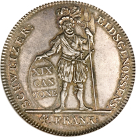 reverse of 4 Franken (1812) coin with KM# 20 from Swiss cantons. Inscription: SCHWEIZER: EIDSGENOSSENS: XIX CAN TONE 4. FRANK: