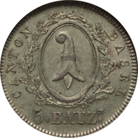 obverse of 5 Batzen (1826) coin with KM# 210 from Swiss cantons. Inscription: CANTON BASEL 5.BATZᴺ.