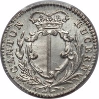 obverse of 5 Batzen (1810) coin with KM# 104 from Swiss cantons. Inscription: CANTON LUCERN