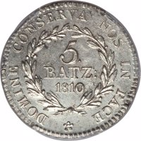 reverse of 5 Batzen (1810) coin with KM# 104 from Swiss cantons. Inscription: DOMINE CONSERVA NOS IN PACE * 5 BATZ: 1810