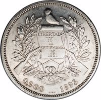 obverse of 1 Peso (1893) coin with KM# Pn16 from Guatemala. Inscription: LIBERTAD 15 DE SETIEMBRE DE 1821 0,900 ESSAI 1893