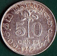 reverse of 50 Cents - George VI (1942) coin with KM# 114 from Ceylon. Inscription: CEYLON 50 CENTS ௫௦.௧தம ශන ඵණහ · 1942 ·