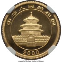 obverse of 10 Yuan - Panda Series - Panda; Gold Bullion (2000) coin with KM# 1304 from China. Inscription: 中华人民共和国 2000