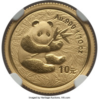 reverse of 10 Yuan - Panda Series - Panda; Gold Bullion (2000) coin with KM# 1304 from China. Inscription: Au.999 1/10 oz 10元