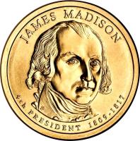 obverse of 1 Dollar - James Madison (2007) coin with KM# 404 from United States. Inscription: JAMES MADISON 4th PRESIDENT 1809-1817 JI DE