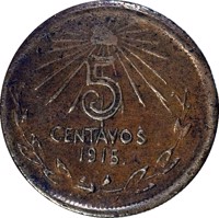 reverse of 5 Centavos (1915) coin with KM# 603 from Mexico. Inscription: 5 CENTAVOS 1915.