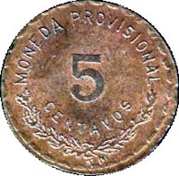 reverse of 5 Centavos - Provisional Government (1915) coin with KM# 719 from Mexico. Inscription: MONEDA PROVISIONAL 5 CENTAVOS TM