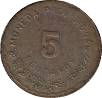 reverse of 5 Centavos - Provisional Government (1915) coin with KM# 721 from Mexico. Inscription: MONEDA PROVISIONAL 5 CENTAVOS