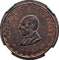 obverse of 20 Centavos - Provisional Government (1915) coin with KM# 732 from Mexico. Inscription: ESTADO L. Y S. DE OAXACA *1915*