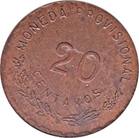 reverse of 20 Centavos - Provisional Government (1915) coin with KM# 733 from Mexico.