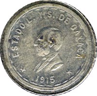 obverse of 2 Pesos - Provisional Government (1915) coin with KM# 744 from Mexico. Inscription: ESTADO L. Y S. DE OAXACA *1915*