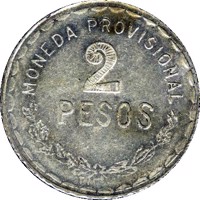 reverse of 2 Pesos - Provisional Government (1915) coin with KM# 744 from Mexico. Inscription: MONEDA PROVISIONAL 2 PESOS