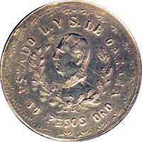 obverse of 60 Pesos - Provisional Government (1916) coin with KM# 755 from Mexico. Inscription: ESTADO L. Y S. DE OAXACA 60 PESOS ORO