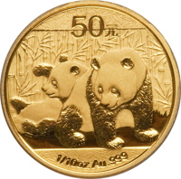 reverse of 50 Yuan - Panda Series - Panda; Gold Bullion (2010) coin with KM# 1929 from China. Inscription: 50元 1/10 oz Au .999