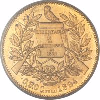 obverse of 5 Pesos (1894) coin with KM# Pn23 from Guatemala. Inscription: LIBERTAD 15 DE SETIEMBRE DE 1821 0,900 ESSAI 1894