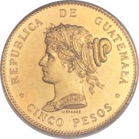 reverse of 5 Pesos (1894) coin with KM# Pn23 from Guatemala. Inscription: REPUBLICA DE GUATEMALA LIBERTAD LAGRANGE *CINCO PESOS*