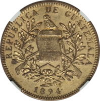 obverse of 5 Pesos (1894) coin with KM# Pn19 from Guatemala. Inscription: REPUBLICA DE GUATEMALA LIBERTAD 15 DE SETIEMBRE DE 1821 1894