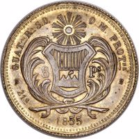 obverse of 8 Pesos (1855) coin from Guatemala. Inscription: +GUATÆ RA S.D.O.M. PROTNE+ 8 Ps. 21Q 1855