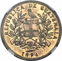 obverse of 5 Pesos (1894) coin with KM# Pn25a from Guatemala. Inscription: REPUBLICA DE GUATEMALA LIBERTAD 15 DE SETIEMBRE DE 1821 1894