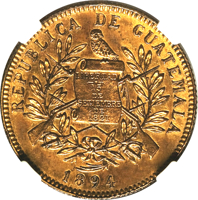 obverse of 5 Pesos (1894) coin with KM# Pn25b from Guatemala. Inscription: REPUBLICA DE GUATEMALA LIBERTAD 15 DE SETIEMBRE DE 1821 1894