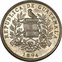 obverse of 10 Pesos (1894) coin with KM# Pn29 from Guatemala. Inscription: REPUBLICA DE GUATEMALA LIBERTAD 15 DE SETIEMBRE DE 1821 1894