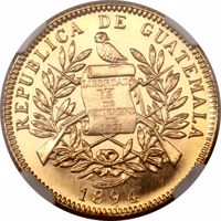 obverse of 5 Pesos (1894) coin with KM# Pn24 from Guatemala. Inscription: LIBERTAD 15 DE SETIEMBRE DE 1821 1894