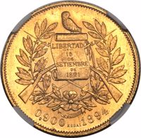 obverse of 10 Pesos (1894) coin with KM# Pn26 from Guatemala. Inscription: LIBERTAD 15 DE SETIEMBRE DE 1821 0,900 ESSAI 1894