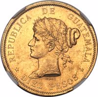 reverse of 10 Pesos (1894) coin with KM# Pn26 from Guatemala. Inscription: REPUBLICA DE GUATEMALA LIBERTAD LAGRANGE *DIEZ PESOS*