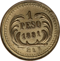 reverse of 1 Peso (1881) coin with KM# Pn8 from Guatemala. Inscription: 1 PESO 1881 21Q.R.